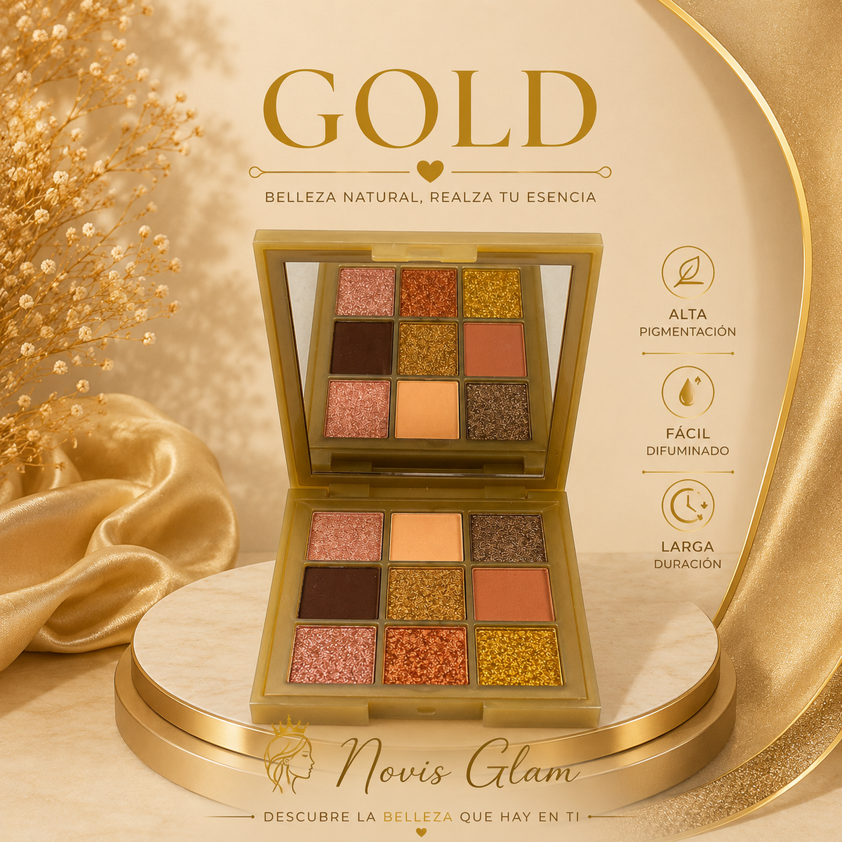 Paleta de Sombras de Ojos Doradas Premium Vegana Novisnermis { Novis Glamour }