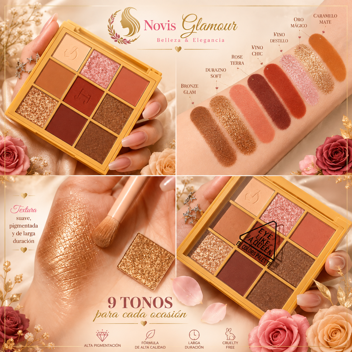 Paleta de Sombras de Ojos Doradas Premium Vegana Novisnermis { Novis Glamour }