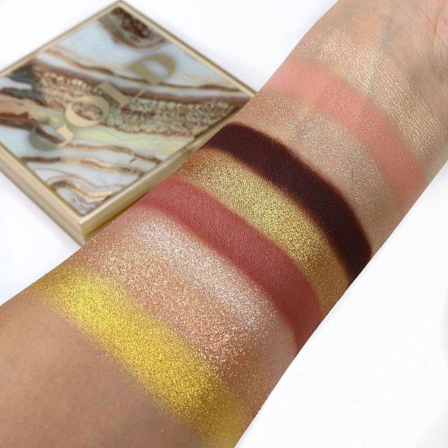 Swatches paleta de sombras doradas Novis Glamour - alta pigmentación